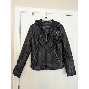 GUESS Women's Faux Leather Black Jacket Moto Style Y2K Size Medium Zip Up Coat